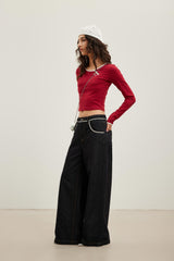Burgundy Color-Block Diagonal Zipper Long Sleeve Top