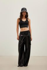 Embroidered Patch Logo Tie Detail Shiny Wide-Leg Cargo Pants
