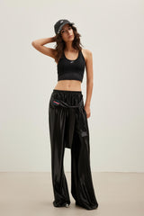 Embroidered Patch Logo Tie Detail Shiny Wide-Leg Cargo Pants