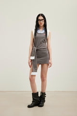 Contrast Collar Fake Two-Layer Wrap Tie-Back Sleeveless Dress