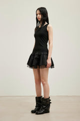 Black mesh spliced logo sleeveless dress