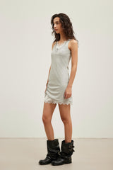 Lace Panel Grey Two-Layer Backless Ruched Dress