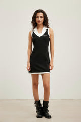 Black and White Color-Block Shawl Collar Sleeveless Dress