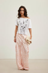 Cat Print Lace-Trim Ruffle-Short-Sleeve Top
