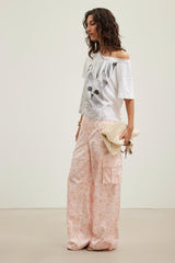Cat Print Lace-Trim Ruffle-Short-Sleeve Top