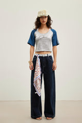 Lace waistband spliced raw-edge straight-leg jeans