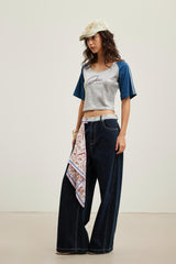 Lace spliced logo 5-point sleeve top