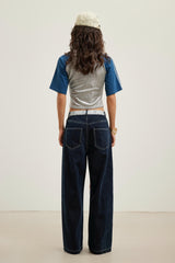 Lace spliced logo 5-point sleeve top