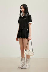 Embroidered Logo Collar Ruffle Hem Short Sleeve Top – Set