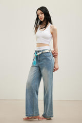Scarf Print Logo Wrap Tie Fake Two-Piece Waist Straight-Leg Jeans