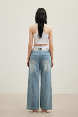 Scarf Print Logo Wrap Tie Fake Two-Piece Waist Straight-Leg Jeans