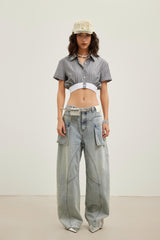 Blue Washed Cargo Pocket Curved-Leg Jeans