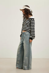 Shirt Collar Asymmetric Striped Blouse