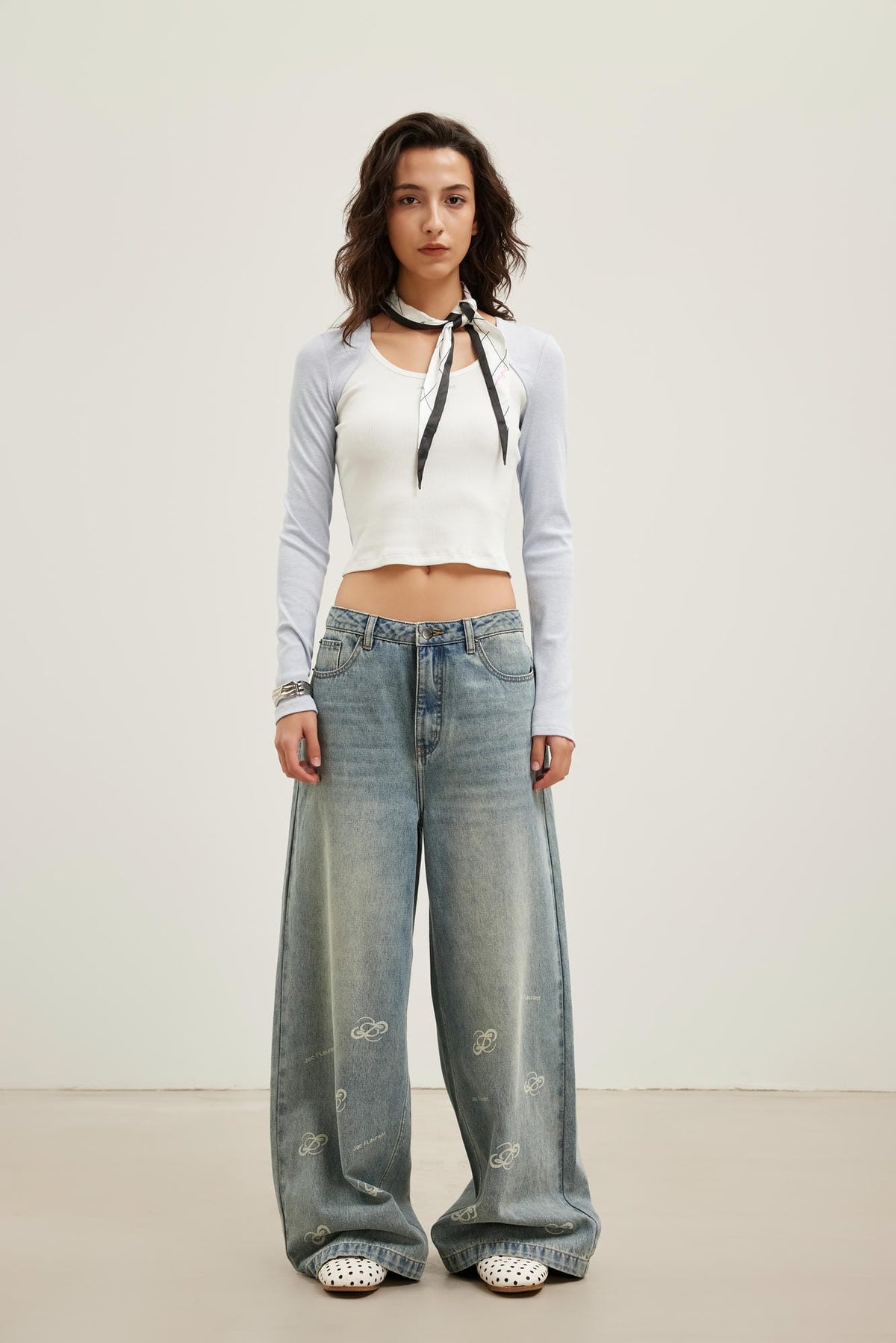LOGO Leather Patch Bleach Print Denim Wide-Leg Pants