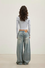 LOGO Leather Patch Bleach Print Denim Wide-Leg Pants