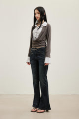 Star Glitter Hot-Fix Rhinestone Multi-Zipper Flared Stretch Jeans