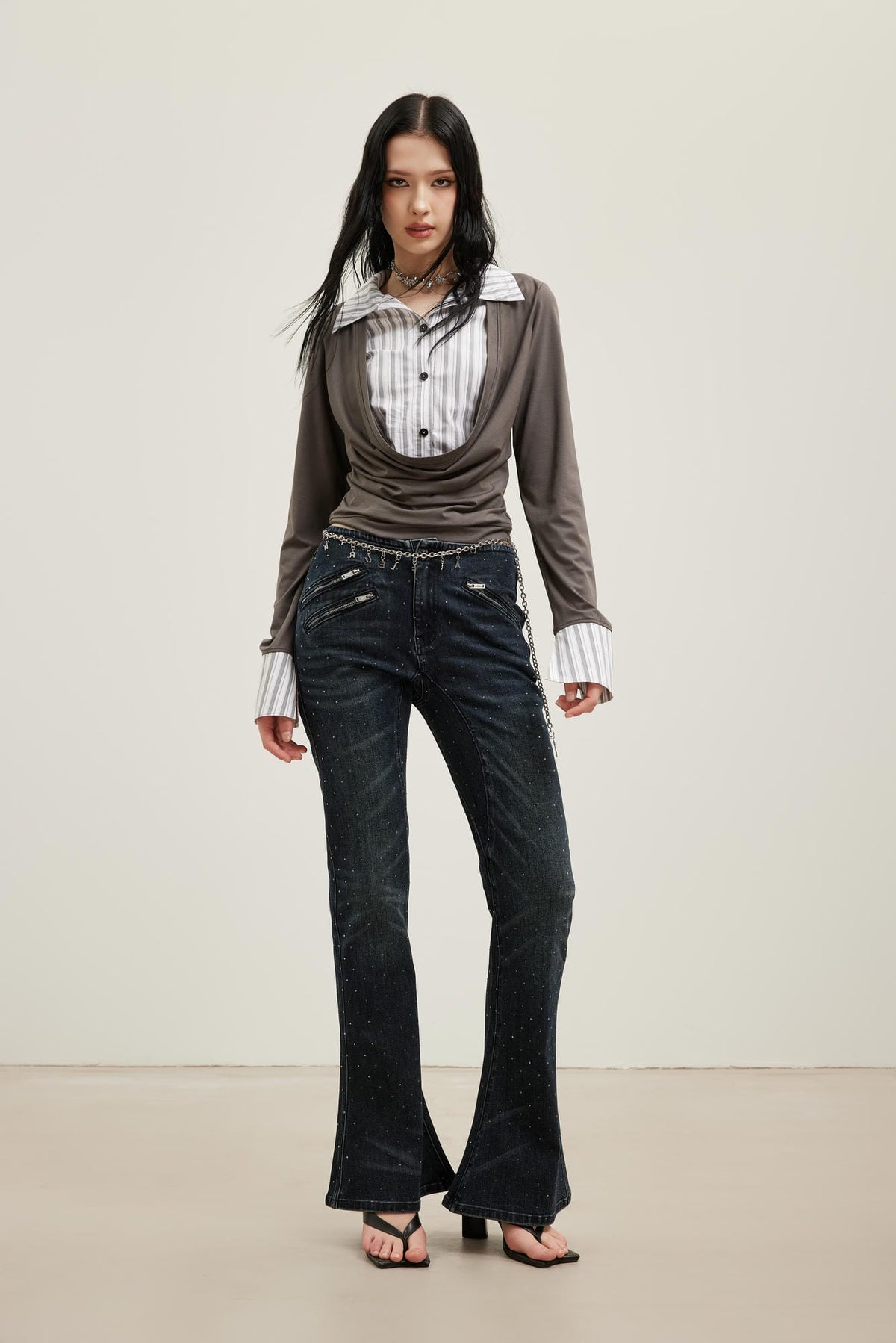 Star Glitter Hot-Fix Rhinestone Multi-Zipper Flared Stretch Jeans