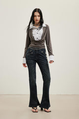 Star Glitter Hot-Fix Rhinestone Multi-Zipper Flared Stretch Jeans
