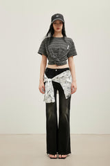 Scarf graffiti logo print tie-detail black micro-flare jeans