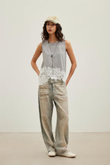 Lace-Panel Print Asymmetric Hem Tank Top
