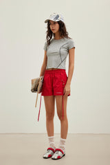 Logo Embroidered Ribbon Red Shorts