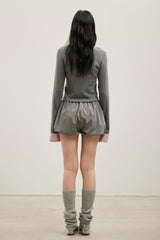 Grey Knit Shirt with Patchwork Square Collar Top