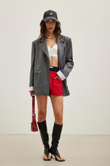 Fake Two-Layer Colorblock Trim Leather Shorts