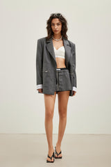 Fake Two-Layer Grey Striped Drawstring Casual Shorts