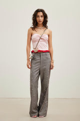 Pink colorblock knot ruffle bustier top