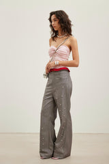 Pink colorblock knot ruffle bustier top