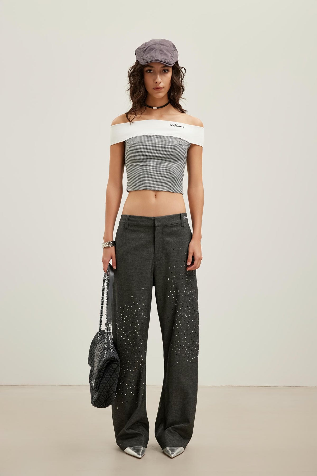 Grey Gradient Black-White Rhinestone Curved-Leg Trousers