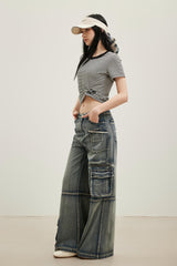 Blue Washed Cargo Pocket Webbing Jeans