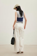 Blue-gray faux two-layer halter neck top