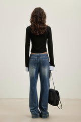 Black Knit Shirt with Patchwork Square Collar Top