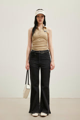 Khaki faux two-layer shirt collar sleeveless top