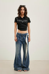 Lace Strap Color-Block Embroidered Pleated Polo Top