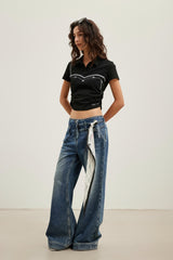 Lace Strap Color-Block Embroidered Pleated Polo Top